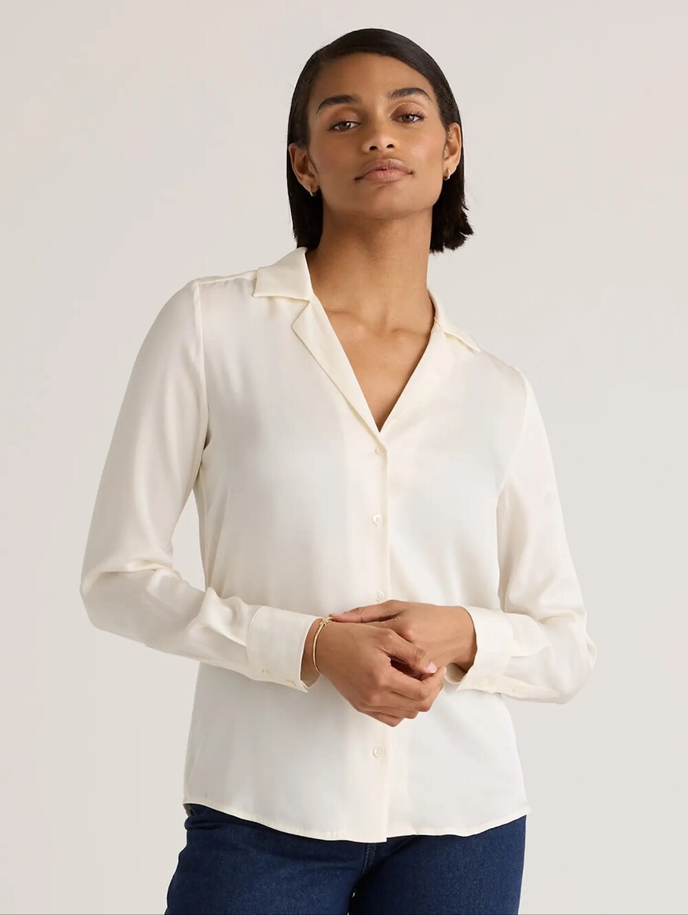 Quince Washable Stretch Silk Notch Collar Blouse